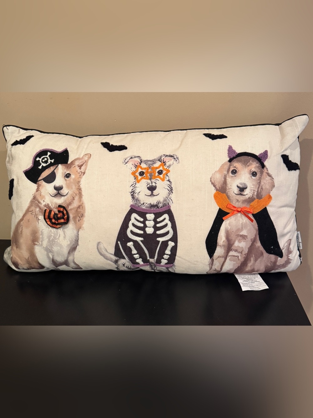 Halloween Dog Trio Accent Pillow in Cream and Black with Orange Accents